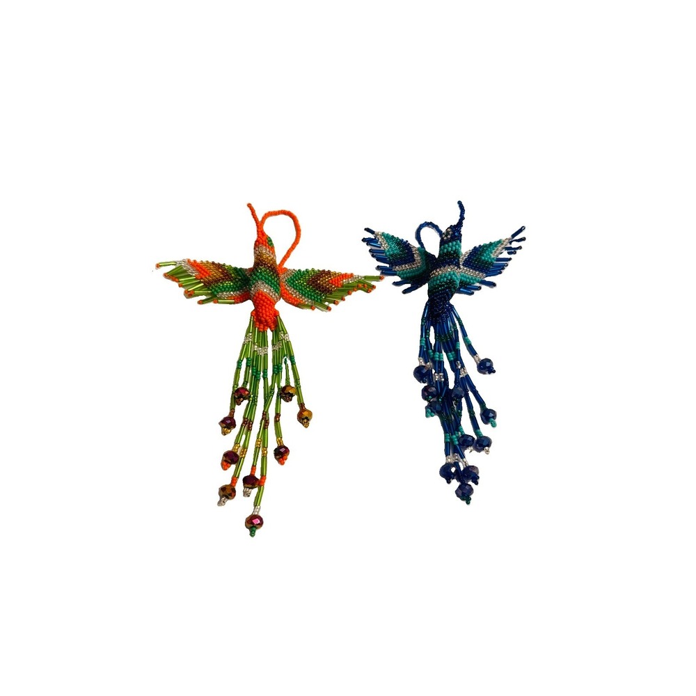 2 Beaded Hummingbird Ornaments 6" With Long Tails Glass Seed Beads Bird Decor